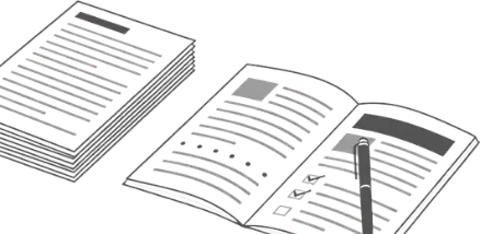 Sketched stacks of documents and an open file