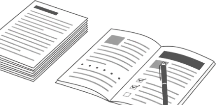 Sketched stacks of documents and an open file