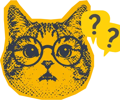 A mustard cat in round glasses with two question marks
