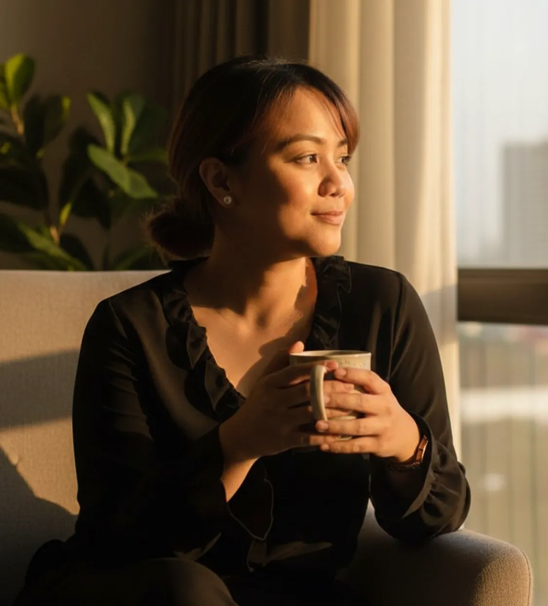 Ivy at a sunny window, holding a mug and smiling