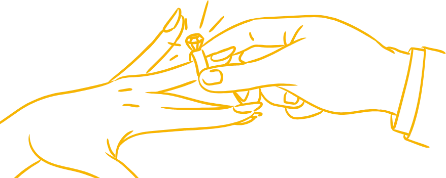 Mustard line drawing of one hand passing a ring to another