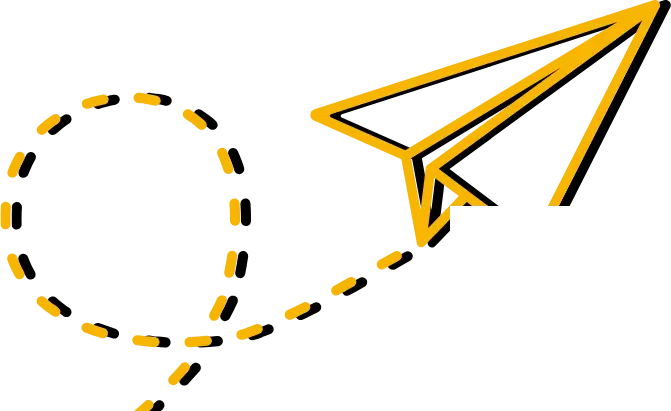 A mustard paper plane trailing a dashed loop
