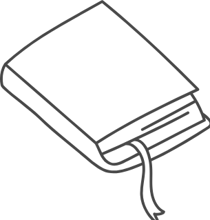 Line drawing of a closed book with a ribbon bookmark