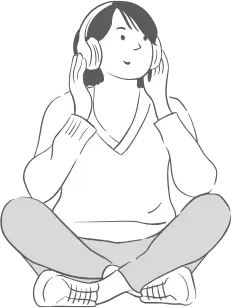 Line drawing of a person sitting cross-legged, listening on headphones