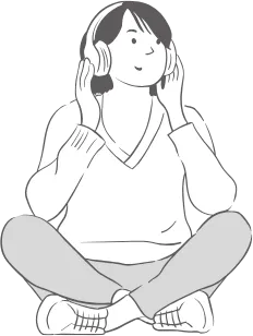 Line drawing of a person sitting cross-legged, listening on headphones